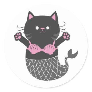 Cute cat mermaid silhouette - Choose back color Classic Round Sticker