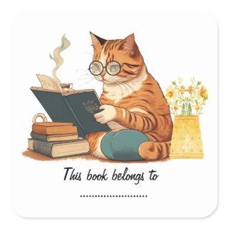 cute cat mom reading a book and drinking coffee square sticker