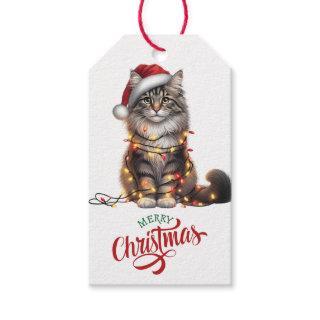 Cute Cat Wrapped in Christmas Lights Gift Tags