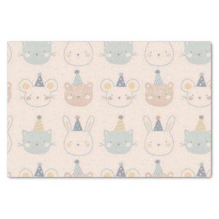 Cute Cats Rabbits and Bears Faces Pastel Pattern Tissue Paper