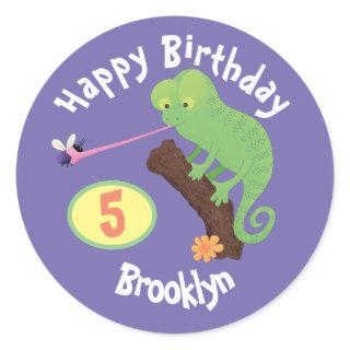 Cute chameleon catching a bug cartoon birthday classic round sticker