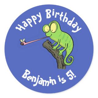 Cute chameleon catching a bug cartoon classic round sticker