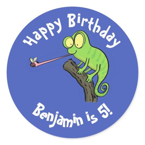 Cute chameleon catching a bug cartoon classic round sticker