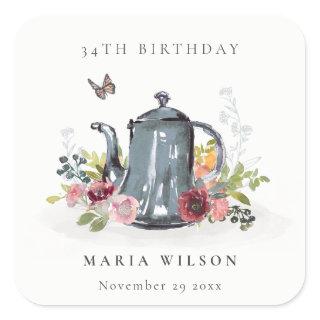 Cute Cheerful Roses Floral Teapot Any Age Birthday Square Sticker
