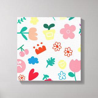 Cute Childish Flowers and Fruits Doodle Canvas Print