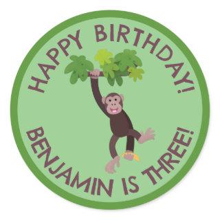 Cute chimpanzee in jungle personalized birthday classic round sticker
