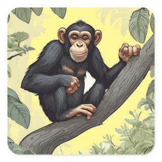 Cute chimpanzee on the branch greets square sticker