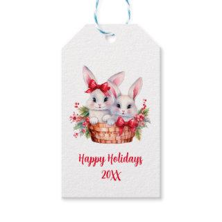 Cute Christmas Bunnies in a Basket Gift Tags