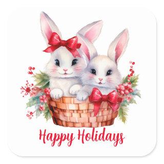 Cute Christmas Bunnies in a Basket Square Sticker