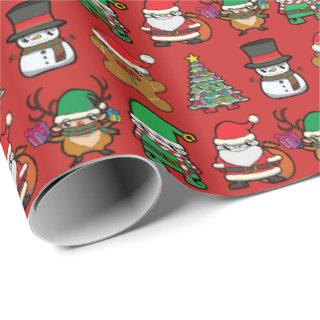 Cute Christmas Cartoon Characters Pattern Red