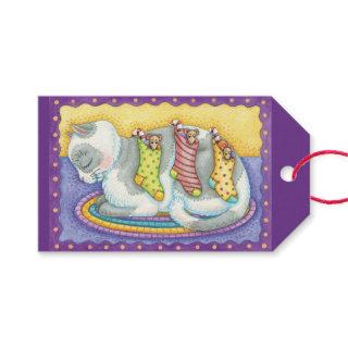 Cute Christmas Cat Sleeping with Mice in Stockings Gift Tags