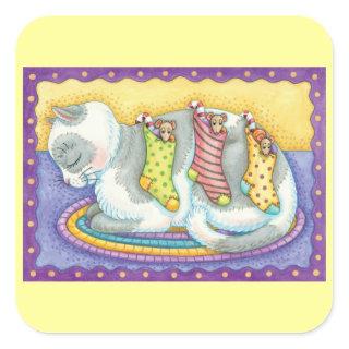 Cute Christmas Cat Sleeping with Mice in Stockings Square Sticker
