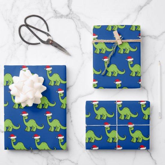 Cute Christmas Dinosaur Santa Blue Kids Holiday  Sheets