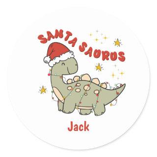 Cute Christmas Dinosaur Santasaurus Retro Name Classic Round Sticker