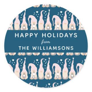 Cute Christmas Gnome Family Blue Personalized Classic Round Sticker