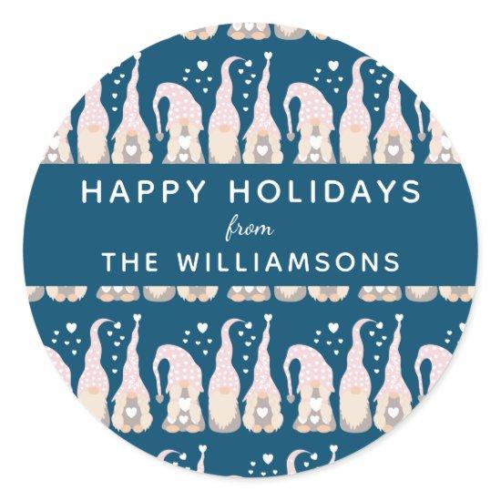 Cute Christmas Gnome Family Blue Personalized Classic Round Sticker