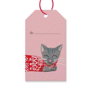 Cute Christmas grey Cat pink Holiday Gift Tags