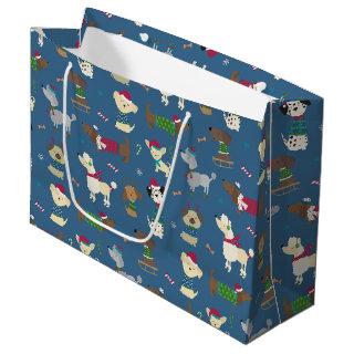 Cute Christmas Holiday Dog Pattern on Blue Large Gift Bag