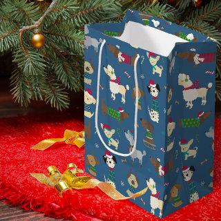 Cute Christmas Holiday Dog Pattern on Blue Medium Gift Bag