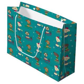 Cute Christmas Holiday Dogs on Sleds Pattern Large Gift Bag