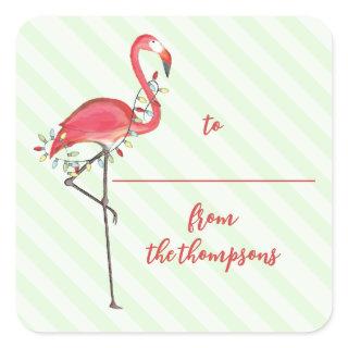 Cute Christmas Holiday String Lights Pink Flamingo Square Sticker
