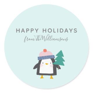 Cute Christmas Penguin Teal Mint Personalized  Classic Round Sticker