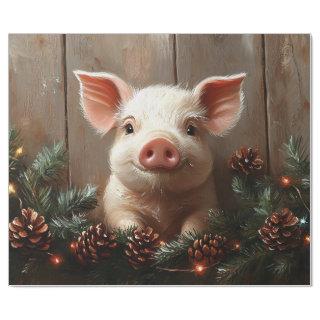 Cute Christmas Pig Rustic Painting Decoupage