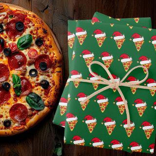 Cute Christmas Pizza Slices in Santa Hats Green  Sheets
