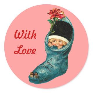 Cute Christmas Stocking ,Little Child,Pink Red Classic Round Sticker