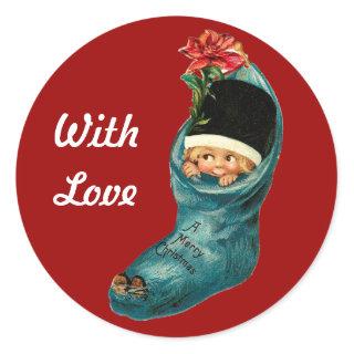 Cute Christmas Stocking ,Little Child,White Red Classic Round Sticker
