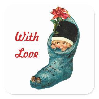 Cute Christmas Stocking ,Little Child,White Red Square Sticker