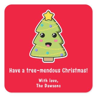 Cute Christmas Tree Funny Tree-mendous Red Square Sticker