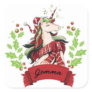 Cute Christmas Unicorn Custom Name    Square Sticker