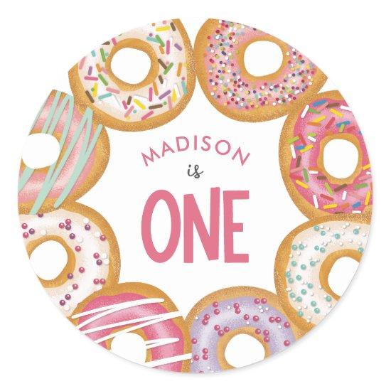 Cute Colorful Donuts One First Birthday Classic Round Sticker