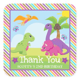 Cute Colorful Girl Dinosaur Friends Birthday Square Sticker