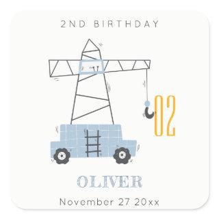 Cute Construction Crane Kids Any Age Birthday Square Sticker