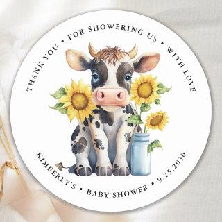 Cute Cow Sunflowers Modern Simple Farm Baby Shower Classic Round Sticker