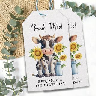 Cute Cow Sunflowers Modern Thank Moo Birthday Gift Tags