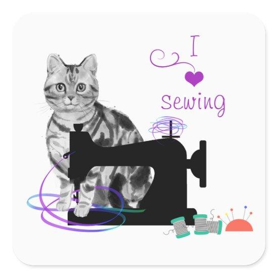 Cute Crafting Cat with Sewing Machine and Ribbon Square Sticker