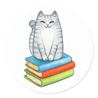 Cute Crazy Cat Lady Bookworm Reading Book Lover Classic Round Sticker