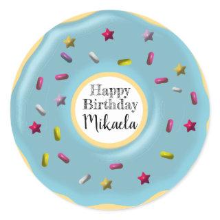 Cute Custom Blue Donut Decor | Happy Birthday Classic Round Sticker