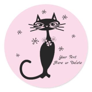 Cute Custom Color/Text Retro Mod Black Cat Pink Classic Round Sticker