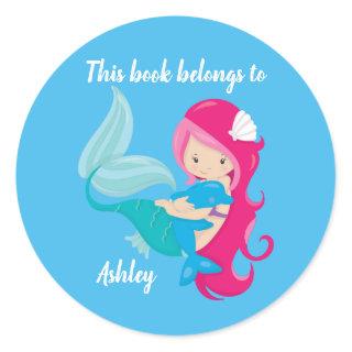 Cute Custom Mermaid Beach This Book Belongs To Classic Round Sticker
