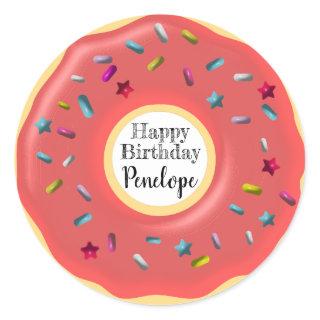 Cute Custom Pink Donut Decor | Happy Birthday Classic Round Sticker