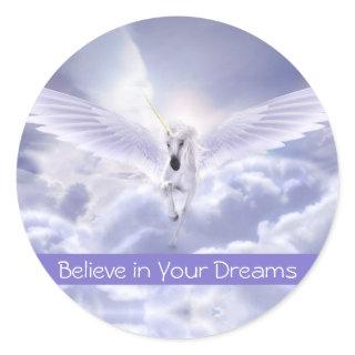 Cute Custom Text Magic Flying Unicorn Purple Cloud Classic Round Sticker