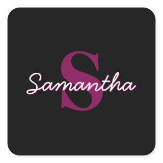 Cute Customizable Pink & Black Monogram Script Square Sticker