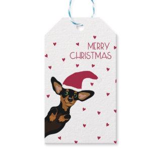 Cute Dachshund with Santa hat and heart background Gift Tags
