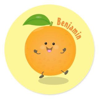 Cute dancing orange citrus fruit classic round sticker