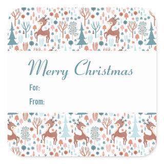 Cute Deer in Whimsical Forest Pattern Christmas Square Sticker