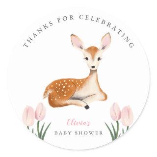 Cute Deer Pink Floral Baby Shower Classic Round Sticker